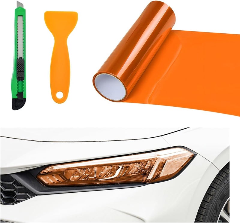 MUQIDA Headlight Vinyl Film Sticker Sheet Roll, 47.2"×11.8" Self-Adhesive Tint Vinyl Film for Car Tail Lights Fog Lights, Air-Release Headlight Tint Wrap Film with Squeegee & Cutter (Orange) - Image 1
